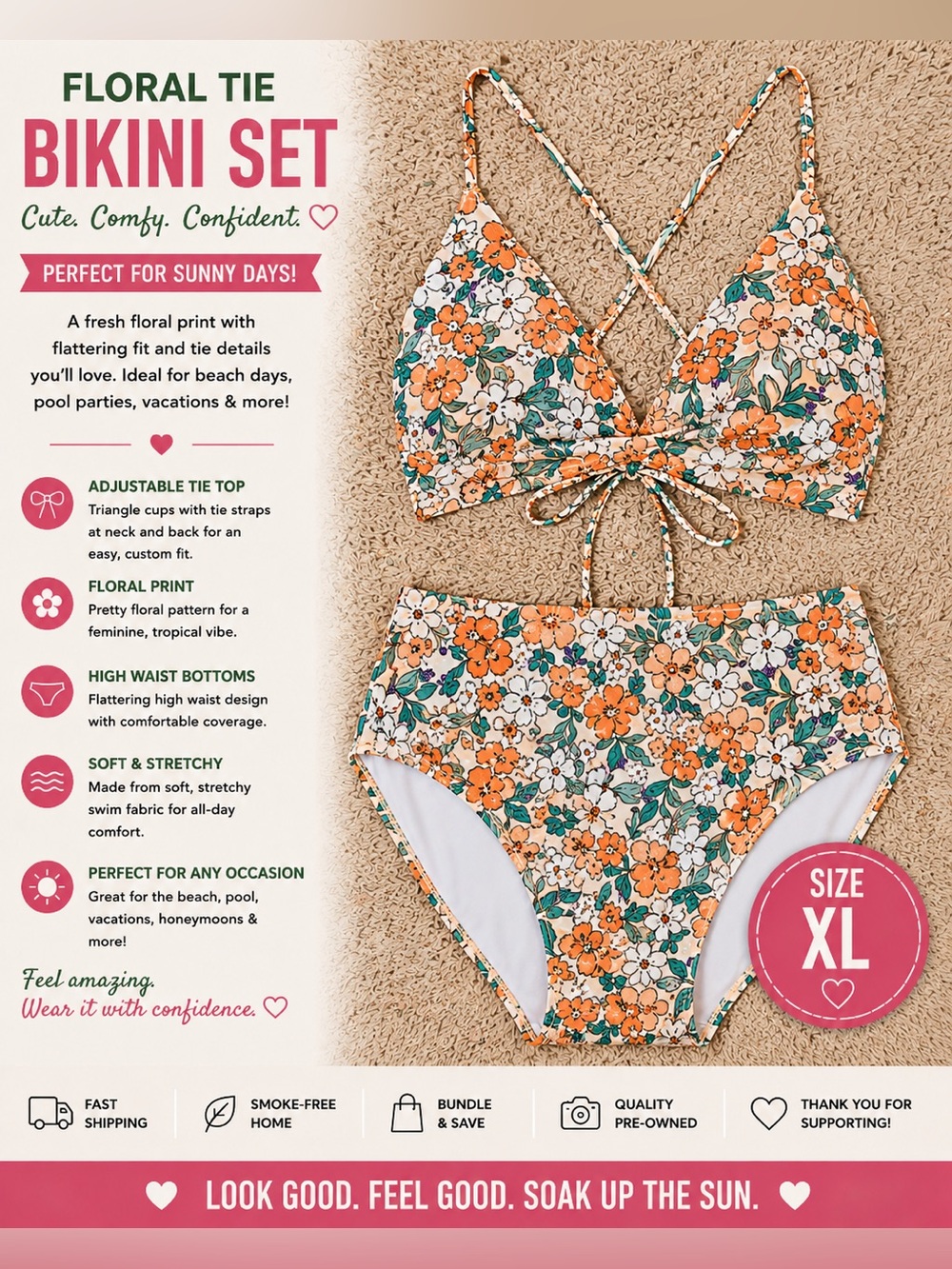 Floral Tie Bikini Set – Size XL 🌸☀️